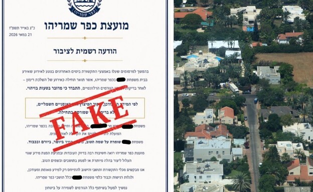 כפר שמריהו. משמאל: ההודעה המזויפת שנשלחה ל-mako