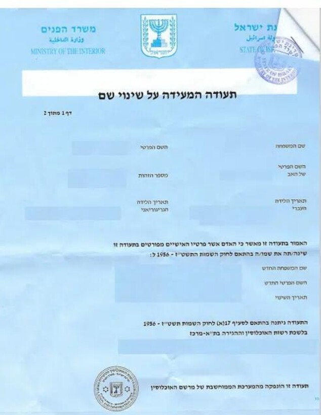 תעודה המעידה על שינוי שם