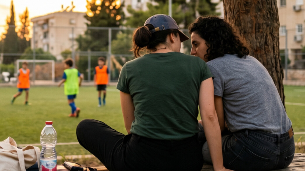 שתי נשים יושבות על ספסל בפארק ציבורי