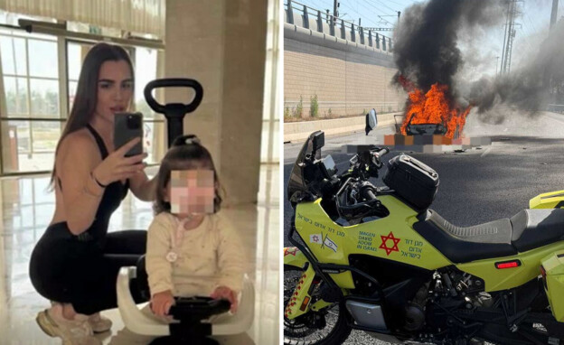 ליה כהן מלכה ז"ל עם בתה וזירת הרצח (צילום: תיעוד מבצעי מד"א, מתוך הרשתות החברתיות, שימוש לפי סעיף 27א לחוק זכויות היוצרים)