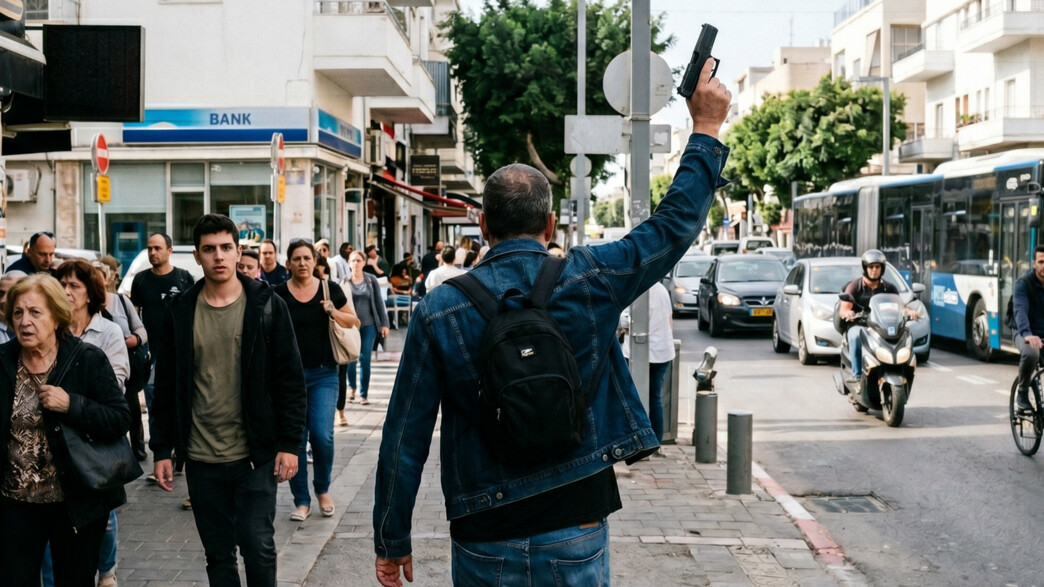 אדם מניף אקדח ברחוב - אילוסטרציה אדם מניף אקדח ברחוב - אילוסטרציה