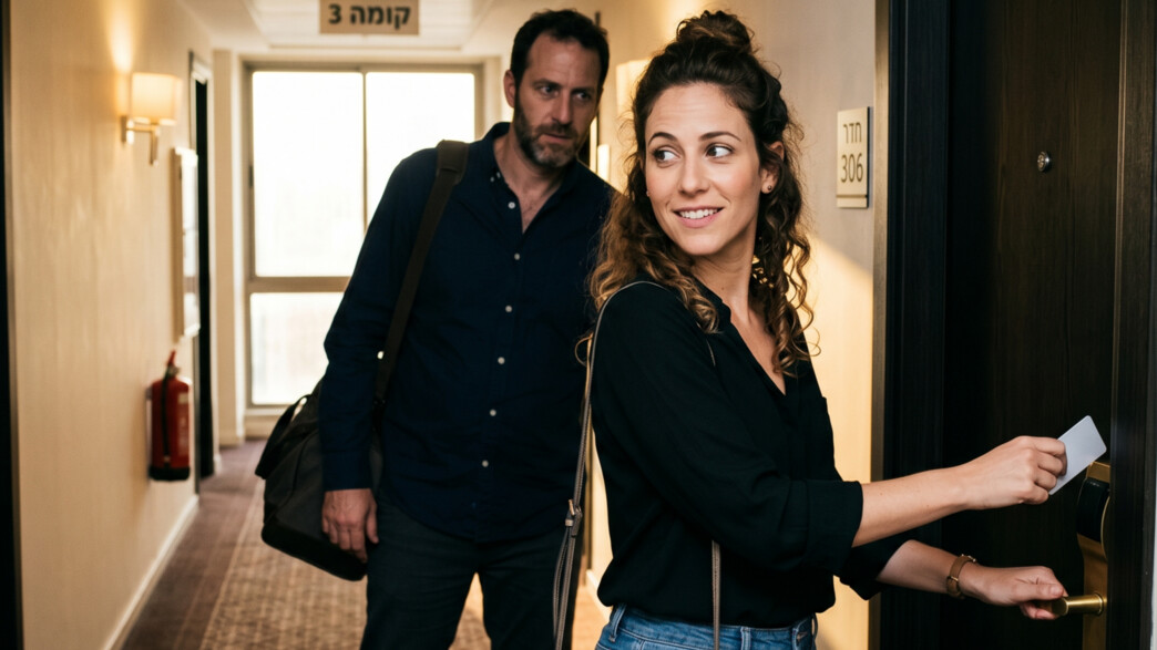 אישה צעיר וגבר נכנסים לחדר בבית מלון אישה צעיר וגבר נכנסים לחדר בבית מלון