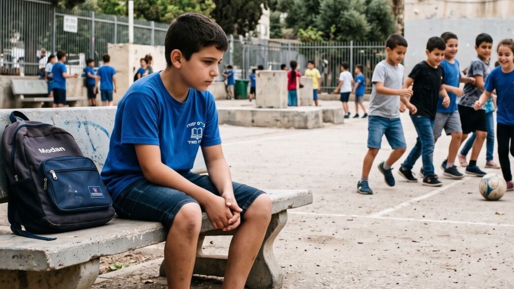 ילד יושב לבד בחצר בית הספר ילד יושב לבד בחצר בית הספר