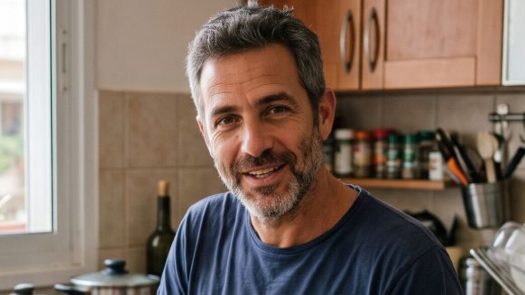 גבר יושב במטבח, מסתכל למצלמה גבר יושב במטבח, מסתכל למצלמה