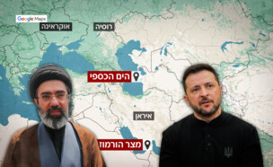 מוג'תבא ח'אמנאי, וולודימיר זלנסקי ומפת איראן-רוסיה (צילום: Reuters)