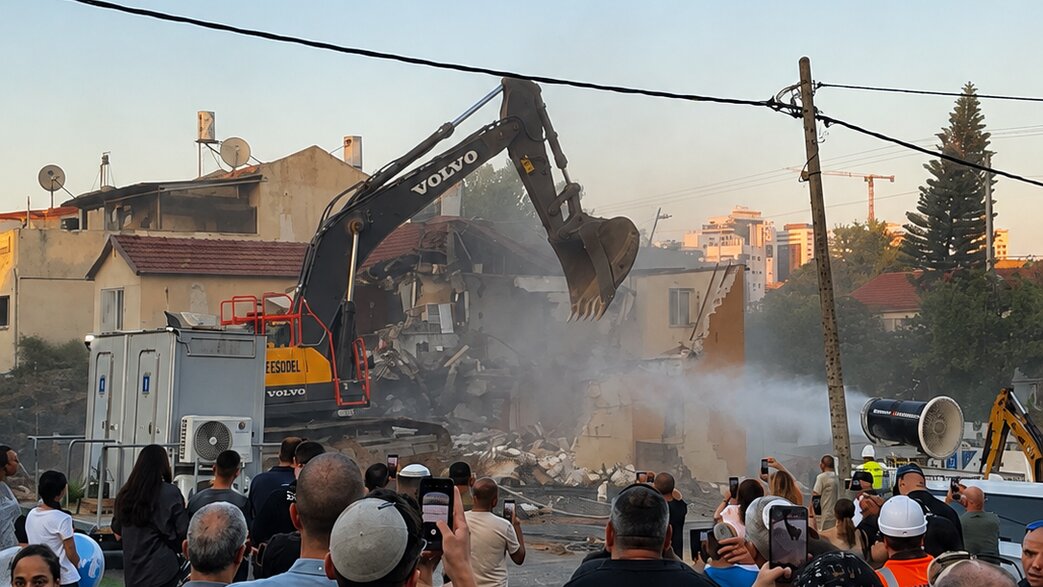 דיירים צופים בהריסת בניין ביבנה דיירים צופים בהריסת בניין ביבנה