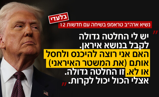 טראמפ לחדשות 12 על איראן: "הכול יכול לקרות" טראמפ לחדשות 12 על איראן: "הכול יכול לקרות"