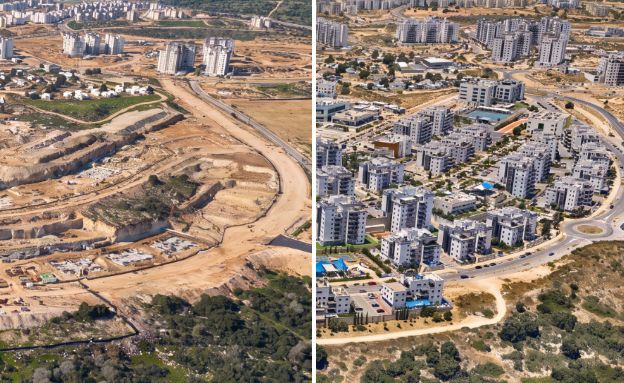 שכונת בצוותא בחריש - ינואר 2019, מול מאי 2025 (צילום: מידול תלת מימד: Simplex 3D)